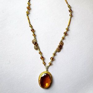 STUNNING! Antique Art Deco Amber Glass Pendant Necklace 19.5"